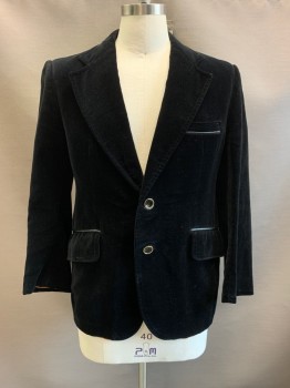 CORTEFIEL, Black, Cotton, Velvet, Notched Lapel, Single Breasted, Button Front, 2 Buttons, 3 Pockets