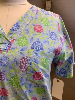 MEDICO, Baby Blue, Lime Green, Raspberry Pink, Purple, Baby Blue, Cotton, Floral, S/S, V Neck, Chest And Side Pockets