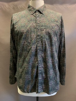 Todd Snyder, Dk Green, Rose Pink, Off White, Red, Cotton, Leaves/Vines , Floral, L/S, Button Front, C.A. Chest Pocket
