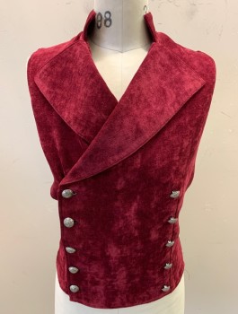 Mens, Historical Fiction Vest, SHRINE, Red Burgundy, Polyester, Solid, 38, Velvet, Double Breasted, Wide Pointed Lapel, Stand Collar, Black Satin Lining and Back, Ties Attached in Back, Steampunk
