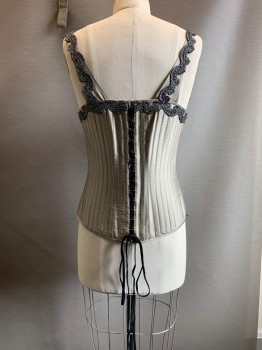Womens, Historical Fiction Corset, NO LABEL, Gray, Graphite Gray, Polyester, Solid, M, Sleeveless, V Neck, Vertical Seams, Embroiderred Chest and Strap Detail, Back Lace