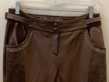 ADA COLLECTION, Brown, Leather, Suede, Patchwork, Capri, F.F, Top Pockets, Stitching Detail, Back Pocket Flaps, Bottom Side Buckles, Zip Front, Stretchy Waist With Side Buckles