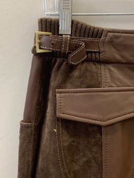 ADA COLLECTION, Brown, Leather, Suede, Patchwork, Capri, F.F, Top Pockets, Stitching Detail, Back Pocket Flaps, Bottom Side Buckles, Zip Front, Stretchy Waist With Side Buckles