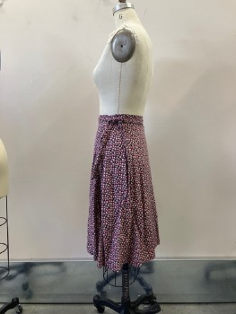 Womens, Skirt, MTO, Black, Pink, Green, Cotton, Floral, W:26, Flared Wrap with Tie Waist, Below Knee