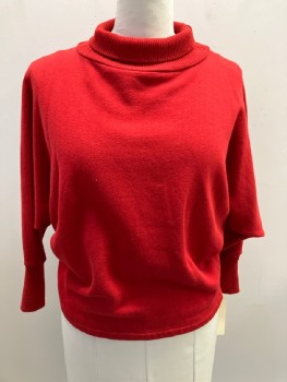 Womens, Top, SAKS FIFTH AVE., Red, Polyester, Solid, L, Dolman Slv, Pullover, Rib Knit Turtleneck & Cuffs