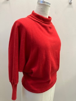 SAKS FIFTH AVE., Red, Polyester, Solid, Dolman Slv, Pullover, Rib Knit Turtleneck & Cuffs