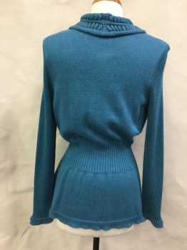 Womens, Cardigan Sweater, NIC + ZOE, Teal Blue, Cotton, Rayon, Solid, S, 1 Button, Shawl Lapel, Rib Knit Waistband and Sleeves, Heavily Textured Knit at Collar and Cuffs