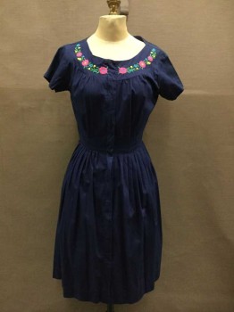 SWIRL, Navy Blue, Multi-color, Cotton, Floral, Solid, Short Sleeve,  Round Neck,  Pastel Floral Embroidery At Neckline, Gathers At Waist, Zipper At Center Front