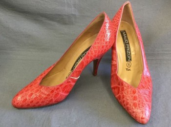 Womens, Shoes, MAUD FRIZON, Red, Leather, Reptile/Snakeskin, 8, Pumps, Snakeskin Texture, Almond/Rounded Point Toe with Pointed Foot Opening in Front, 4" Heel,