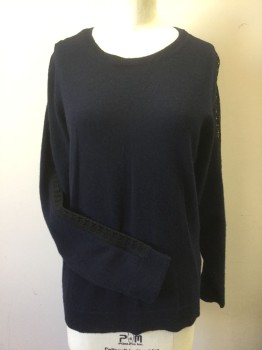 Womens, Pullover, THE KOOPLES, Navy Blue, Black, Wool, Cashmere, Solid, XS, Navy Knit with Black See-Thru Lace at Shoulders/Sleeve Outseam, Long Sleeves, Round Neck
