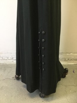 N/L, Black, Wool, Solid, Long Black Day Skirt. Inverted Pleat Detail at Side Front with Black Buttons. Side Opening at Waist with Hook and Eyes,