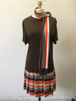 N/L, Chocolate Brown, Polyester, Solid Brown on Top, S/S, Drop Waist, Skirt Striped Orange/Chocolate/Cream/Heathered Oatmeal, Pleated Skirt, Zip Back, Stripe Separate Scarf with Dark Gray Fringe, Small Snag on Top Left Shoulder