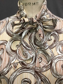 Womens, Blouse, N/L, Cream, Brown, Yellow, Dk Brown, Polyester, Abstract , S, Cream with Milk Chocolate Brown & Yellow Vertical Stripes, and Dark Brown Wrought Iron-like Curves Print, Collar Attached W/self Neck-tie, Button Front, Long Sleeves, See Photo Attached,