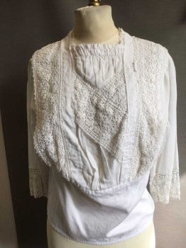 N/L, White, Solid, Floral, Square Neckline with Gathered Front, 3/4 Sleeves. Floral Lace Panels in Front, Hook & Eye Closures in Back, Peplum Waist.