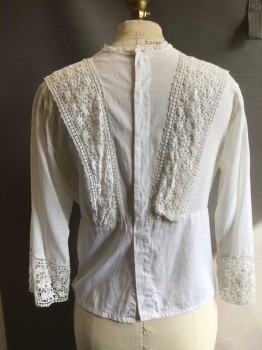 N/L, White, Solid, Floral, Square Neckline with Gathered Front, 3/4 Sleeves. Floral Lace Panels in Front, Hook & Eye Closures in Back, Peplum Waist.