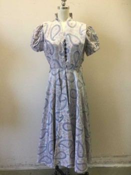 MTO, Gray, Blue, Lavender Purple, Polyester, Paisley/Swirls, Blue Plastic Button with Loop Front, Pleated Back Collar, Pleated at Shoulders, Gathered Short Sleeves, with Cuff, Side Zip, Hem Below Knee, Belt Loops with No Belt, Slight Shoulder Burn