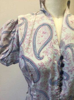 Womens, Dress, MTO, Gray, Blue, Lavender Purple, Polyester, Paisley/Swirls, W 26, B 34, 6, Blue Plastic Button with Loop Front, Pleated Back Collar, Pleated at Shoulders, Gathered Short Sleeves, with Cuff, Side Zip, Hem Below Knee, Belt Loops with No Belt, Slight Shoulder Burn