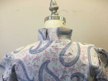 Womens, Dress, MTO, Gray, Blue, Lavender Purple, Polyester, Paisley/Swirls, W 26, B 34, 6, Blue Plastic Button with Loop Front, Pleated Back Collar, Pleated at Shoulders, Gathered Short Sleeves, with Cuff, Side Zip, Hem Below Knee, Belt Loops with No Belt, Slight Shoulder Burn
