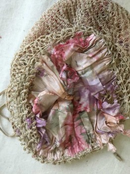 N/L, Tan Brown, Synthetic, Geometric, Floral, Tan  Crochet W/peach, Pink, Purple, Green  Floral Print Lining  (ripped) , Flat Bottom, Crochet D-string Top,