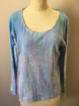 Womens, T-Shirt, SRUBEL, Sky Blue, Bubble Gum Pink, White, Cotton, Tie-dye, Mottled, B37-42, Ribbed Knit Jersey With Tiny Diamonds, Long Sleeves, Scoop Neck, Lace Detail at Scoop Neck