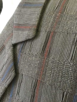 Mens, Blazer/Sport Co, STEP BY STEP, Brown, Beige, Rust Orange, Blue, Wool, Stripes - Vertical , 40S, Brown with Beige Stripes with Scattered Rust and Blue Stripes, Single Breasted, Notched Lapel, 2 Buttons,  3 Pockets, Mauve Satin Lining, *Double*