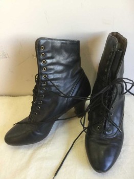 PETER FOX, Black, Leather, Solid, Ankle Boots, Lace Up, Apron Toe, 2.5" Heel, Paisley Lining, Reproduction Of Victorian Boot