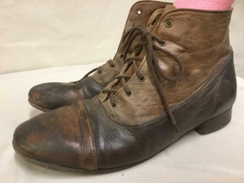 N/L, Lt Brown, Brown, Sienna Brown, Leather, Color Blocking, Cap Toe, Lace Up, Ankle High, 1" Stack Heel, Aged/Distressed,