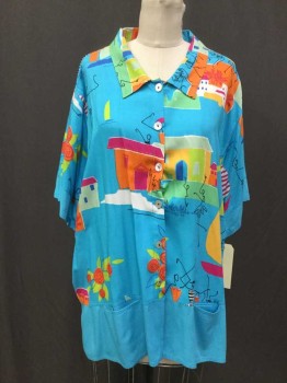 PARADISO, Turquoise Blue, Orange, Pink, Yellow, Lime Green, Rayon, Human Figure, Novelty Pattern, Turquoise W/white,orange,pink, Lime, Yellow, Blue House and Black Stick Human Figures Print, Collar Attached, Button Front, Short Sleeve,  2 Hidden Slash Pockets Bottom