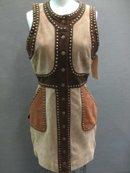 NASTY GAL, Tan Brown, Dk Brown, Lt Beige, Suede, Color Blocking, with Antique Gold Studded Detail, 2 Pckts, Snap Front, Slvls, Round Neck,  Above Knee Length, 1960's-1970's Retro Vibe
