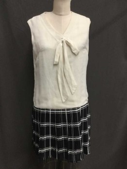 YOUNG EDWARDIAN, Cream, Navy Blue, Cotton, Polyester, Solid, Plaid, 1920'S Via the 1980's Batiste V-neck, Drop Waist Sleeveless Bodice Over Short Pleated Skirt