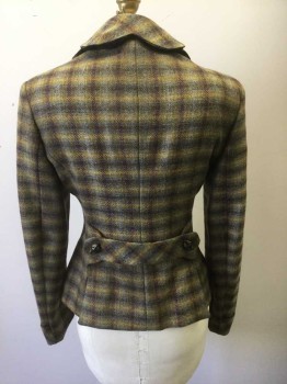 Womens, 1930s Vintage, Suit, Jacket, N/L, Multi-color, Sage Green, Red Burgundy, Brown, Slate Blue, Wool, Plaid-  Windowpane, B: 36, Thick/Scratchy Wool, L/S, Rounded Collar, 5 Unusual Diamond Shaped Black Buttons with Beige and Glitter Painted Detail, 2 Hip Pockets with Scallopped Overlapping Detail, Padded Shoulders, Navy Lining, Made To Order
