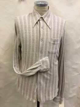 MARLBORO, Beige, Tan Brown, Purple, Polyester, Geometric, Stripes - Vertical , Button Front, Exaggerated Collar, 1 Pocket, Long Sleeves, 2 Way Stretch
