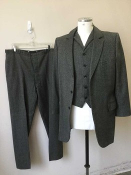 Black, White, Wool, Acetate, Geometric, Cut Away. Notched Lapel, 3 Button Single Breasted, 3 Pockets. Small Hole at Hemline Center Front,