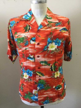 Mens, Hawaiian Shirt, NETWORK, Red, White, Blue, Yellow, Green, Rayon, Floral, Novelty Pattern, M, Button Front, Short Sleeves, Collar Attached, Floral/Fish Pattern, 2 Pockets, Double, 80's