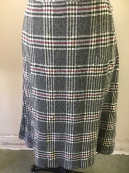 Womens, Skirt, Knee Length, CLASSIQUES ENTIER, Gray, Black, Ivory White, Red Burgundy, Wool, Polyester, Plaid, 14, Crepe, Flat Center Front Panel, No Waistband,