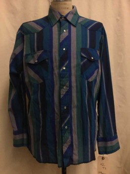 Mens, Western, WRANGLER, Teal Blue, Teal Green, Navy Blue, Royal Blue, Blue, Cotton, Polyester, Stripes, XL, Teal Blue/ Teal Green/ Navy/ Royal Blue/ Blue Stripe, Snap Front, Collar Attached, Long Sleeves, 2 Flap Pockets
