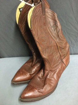 Mens, Cowboy Boots , NOCONA, Chestnut Brown, Brown, Leather, 9.5D, Chestnut Brown with Brown Embroidery, Pointed Toe, 1.5" Cuban Heel