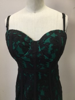 GUESS, Black, Green, Cotton, Polyester, Floral, Solid, Black Floral Lace with Green Lining, 1/3" Black Bra Straps, Fitted, Zip Back,
