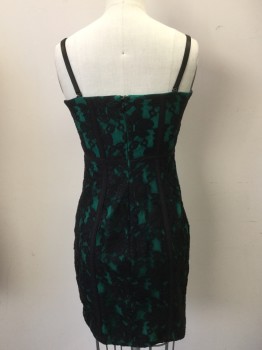 GUESS, Black, Green, Cotton, Polyester, Floral, Solid, Black Floral Lace with Green Lining, 1/3" Black Bra Straps, Fitted, Zip Back,