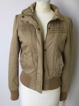Womens, Casual Jacket, DEAR, Tan Brown, Cotton, Solid, S, Retro 1980's, Zipper and Snap Front, Rib Knit Waistband and Cuffs. 2 Flap Pocket, Stand Collar with Hood Missing, Tucks at Yoke, Lightly Padded, Puffed Shoulders
