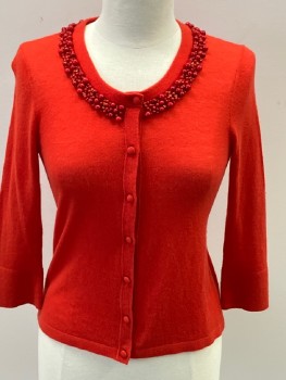 KATE SPADE, Red, Wool, Polyester, Solid, Knit, CN W/Beaded Neckline Below Rib Knit, B.F., 7 Matching  Covered Btns, L/S
