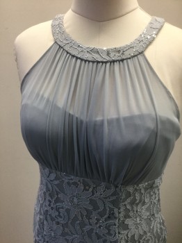 EVA, Slate Gray, Nylon, Rhinestones, Floral, Solid, Sleeveless, with Round Neck, Solid Gray Sheer Net at Bust, Empire Waist, Below Waistline is Gray Floral Lace with Silver Rhinestones Scattered Throughout, Sheer Net Godet Panels at Flared Hem, Floor Length, **2 Piece, Comes with Matching Sheer Net Scarf