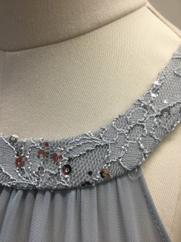 EVA, Slate Gray, Nylon, Rhinestones, Floral, Solid, Sleeveless, with Round Neck, Solid Gray Sheer Net at Bust, Empire Waist, Below Waistline is Gray Floral Lace with Silver Rhinestones Scattered Throughout, Sheer Net Godet Panels at Flared Hem, Floor Length, **2 Piece, Comes with Matching Sheer Net Scarf