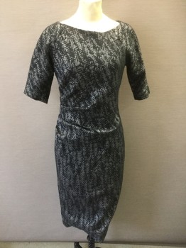 Womens, Dress, Short Sleeve, LELA ROSE, Gray, Black, Polyester, Cotton, Abstract , 6, Black and Gray Abstract Static Pattern Heavy Brocade, 1/2 Sleeves, Bateau/Boat Neck, Ruched Detail at One Side Seam, Knee Length