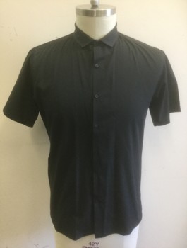 TOPMAN, Black, Poly/Cotton, Solid, Short Sleeve Button Front, Collar Attached, Slim Fit