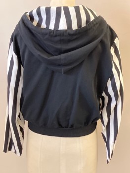 Womens, Jacket, STUDIO, Black, White, Rayon, Solid, Stripes, S, Solid Black Torso, Black and White Vertically Striped Long Sleeves, Hooded, Outside of Hood is Black, Inside Lining is Striped, Zip Front, 2 Zip Pockets, Drawstrings at Neck with Oversized Silver Balls at Ends, Cropped Length,