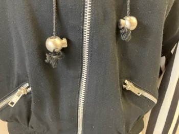 Womens, Jacket, STUDIO, Black, White, Rayon, Solid, Stripes, S, Solid Black Torso, Black and White Vertically Striped Long Sleeves, Hooded, Outside of Hood is Black, Inside Lining is Striped, Zip Front, 2 Zip Pockets, Drawstrings at Neck with Oversized Silver Balls at Ends, Cropped Length,