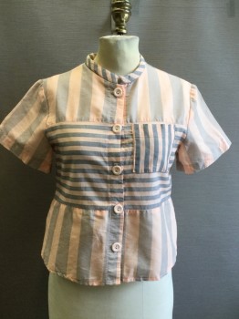ROBYN'S NEST, Peach Orange, Gray, Cotton, Stripes - Horizontal , Stripes - Vertical , Button Front, Band Collar with Fill, Short Sleeves,  Hem Lower in Back, 1 Pocket, Scallopped Towards Side Seams