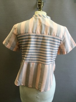 ROBYN'S NEST, Peach Orange, Gray, Cotton, Stripes - Horizontal , Stripes - Vertical , Button Front, Band Collar with Fill, Short Sleeves,  Hem Lower in Back, 1 Pocket, Scallopped Towards Side Seams