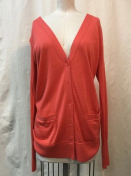 Womens, Sweater, HALOGEN, Salmon Pink, Wool, Acrylic, Solid, M, Salmon, Button Front, 2 Pockets,